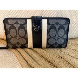 Coach Signature Stripe Accordion Zip Wallet Black Gray White